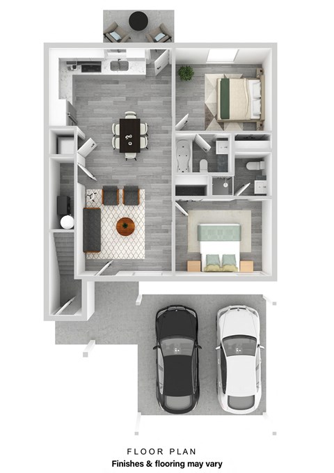Floor plan for 2 beds, 2 baths, 985 sqft
